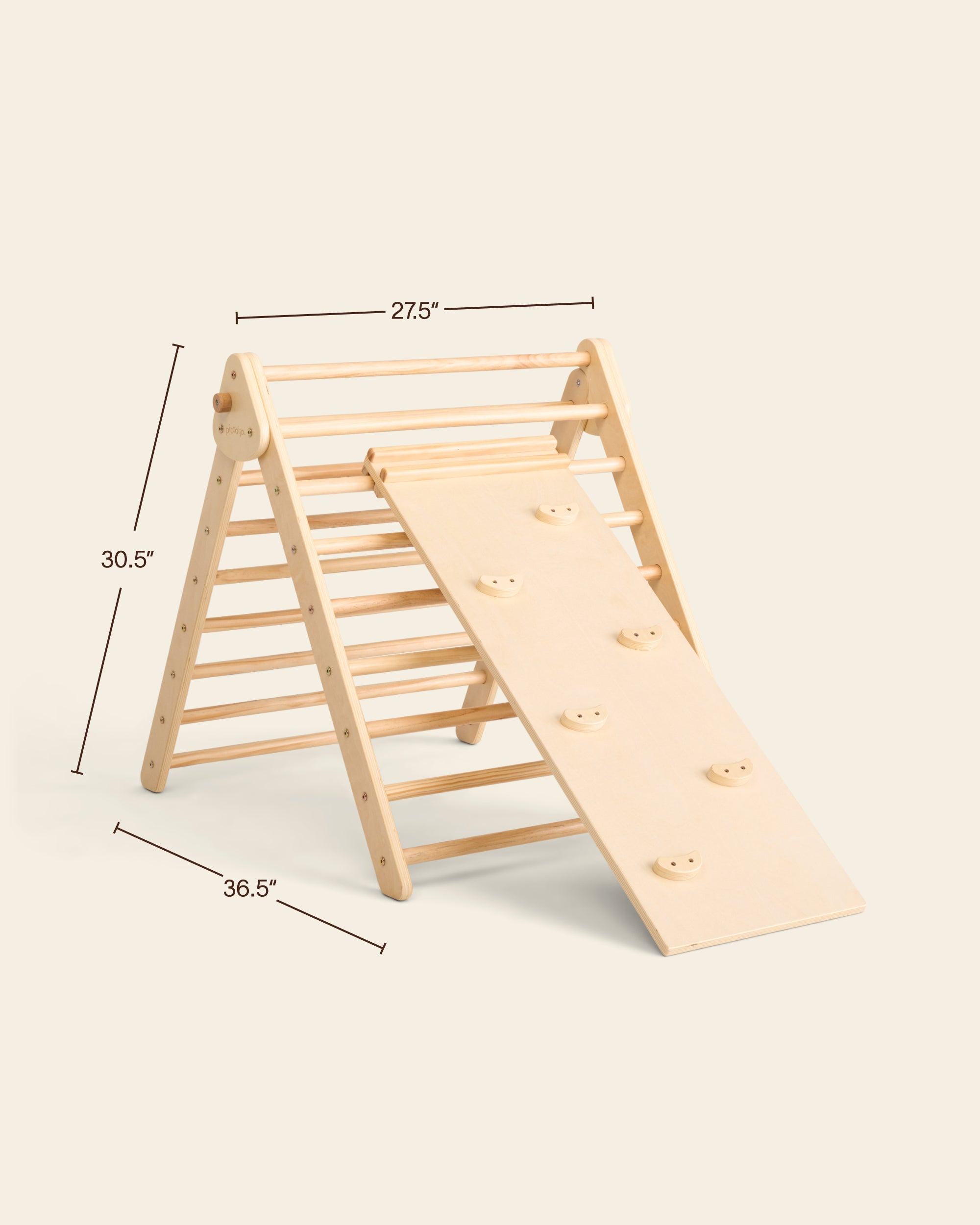 Wooden Pikler triangle set with dimensions on a beige background