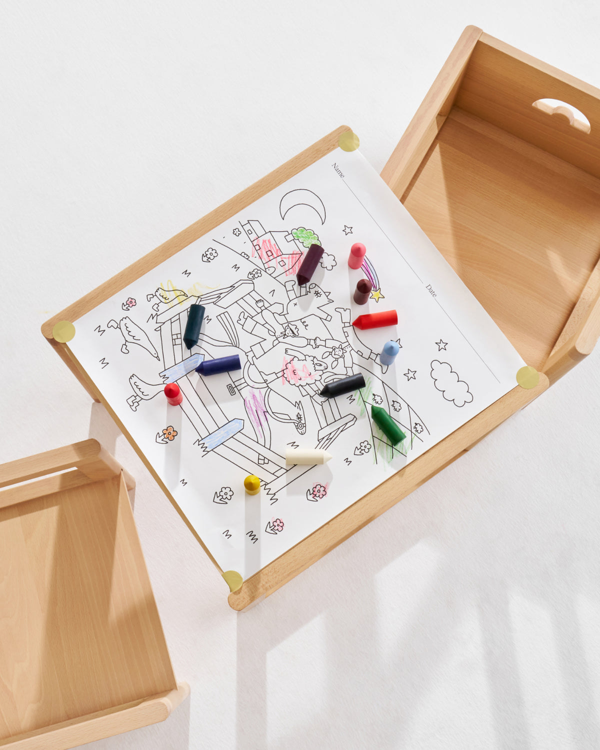 Piccalio's Large Farm Animal Coloring Page on the Toddler Table with Beeswax Crayons on top