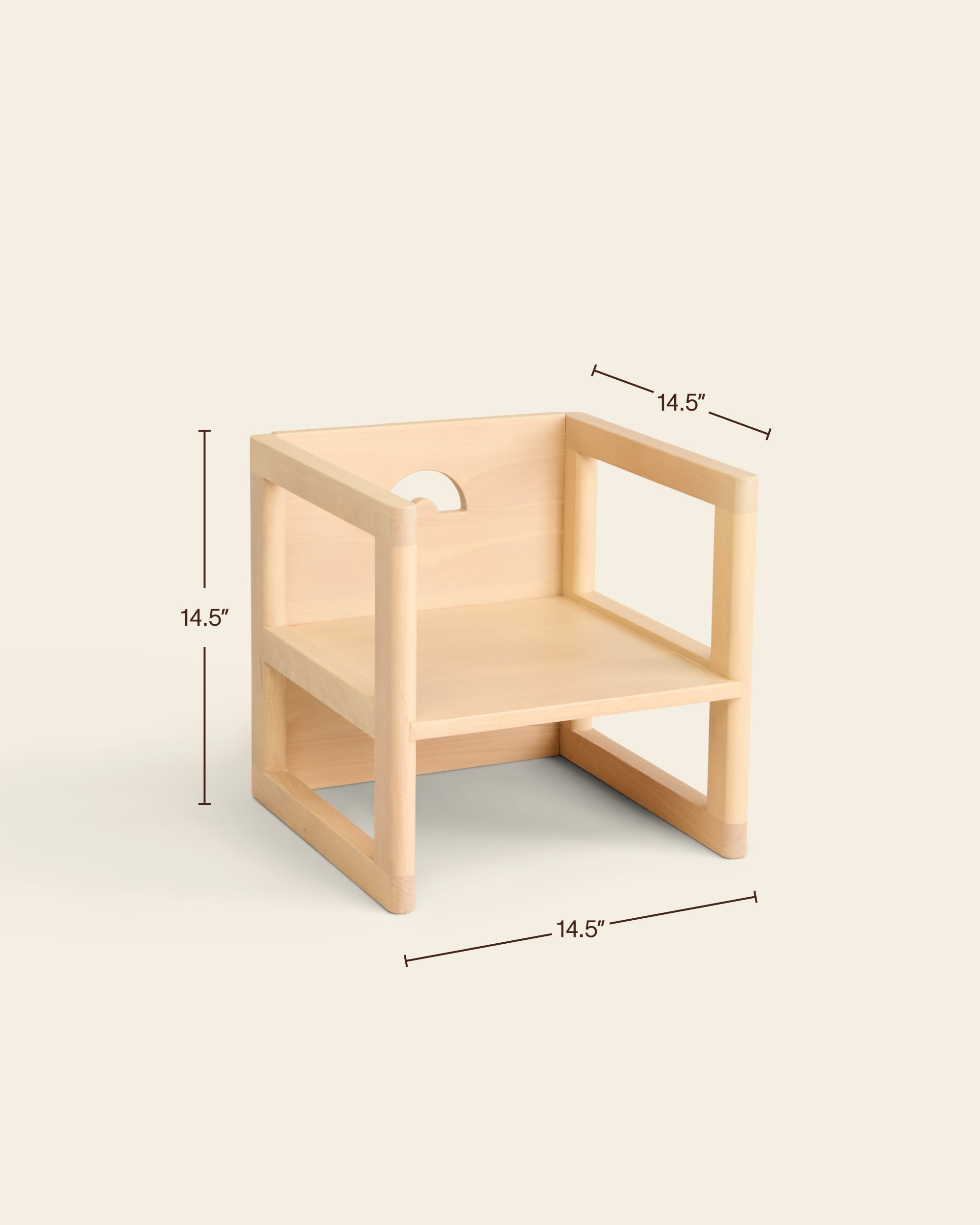 Dimensions of the Piccalio Montessori toddler chair, showing 14.5-inch width, height, and depth for toddler ergonomics.