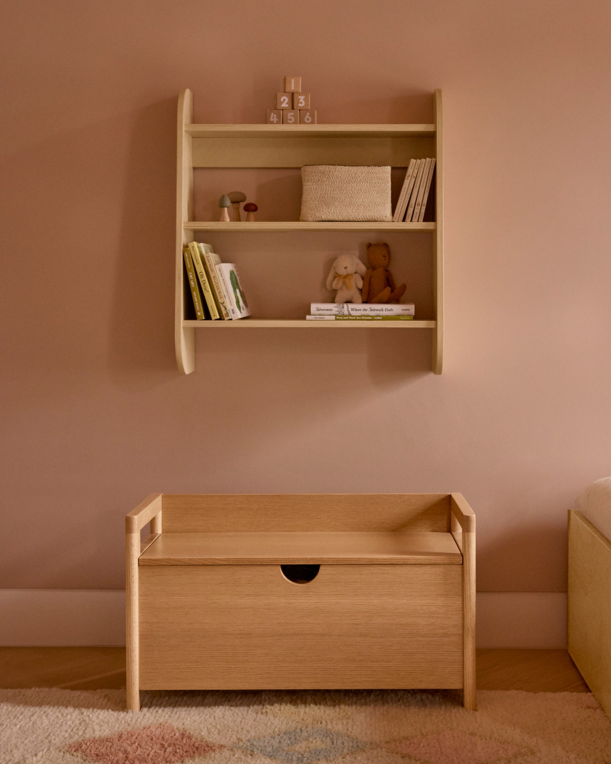 Child's room with a toy box and wooden wall shelf or nursery wall shelves, wooden toy chest, kids toy box, Montessori furniture
