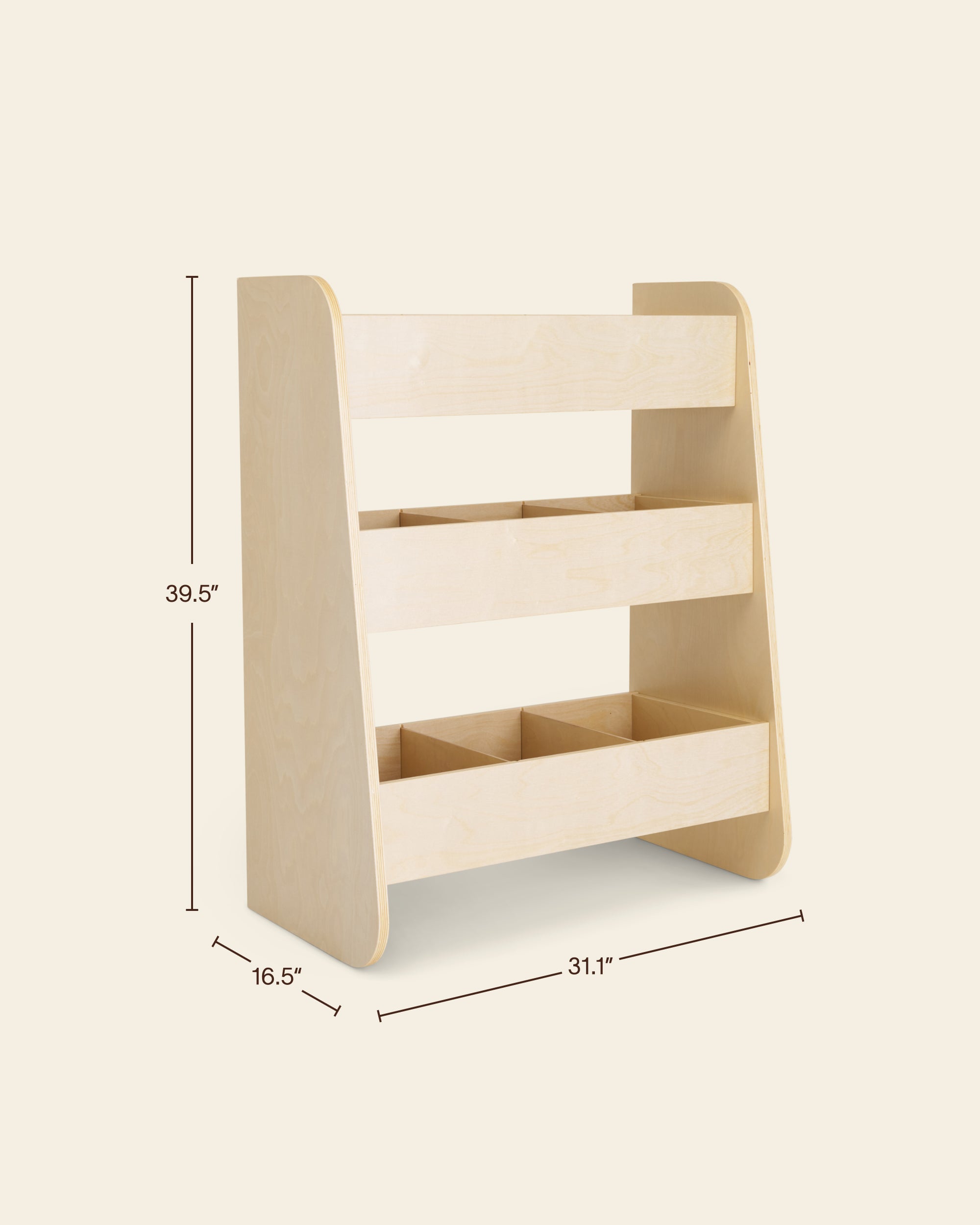 Dimensions of the Piccalio birch toy organizer showing the 39.5-inch height, 31.1-inch width, and 16.5-inch depth.