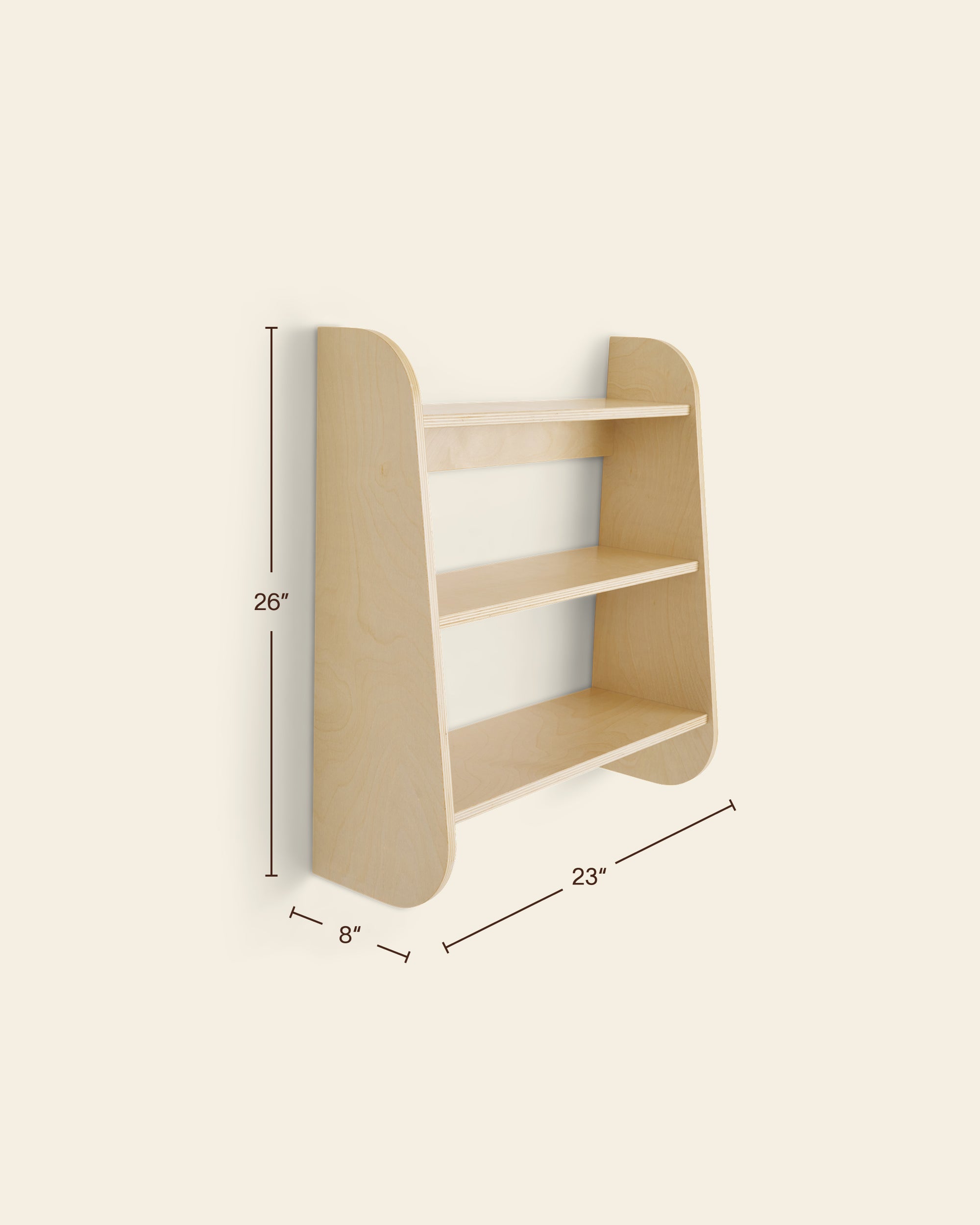 Dimensions of the Piccalio birch wall shelf showing the 26-inch height, 23-inch width, and 8-inch depth.