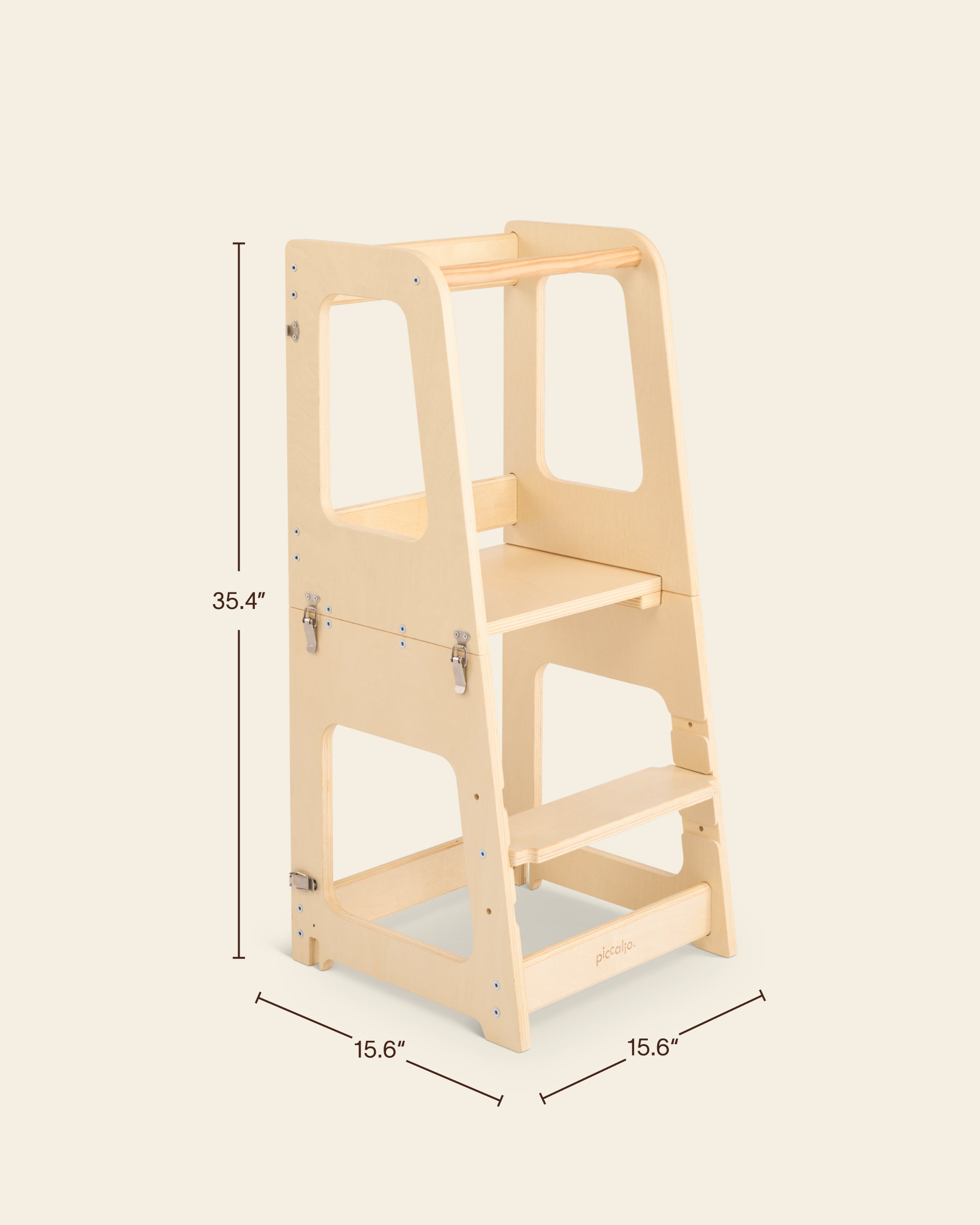 Piccalio convertible toddler tower in natural birch wood showing dimensions 35.4 in height x 15.6 in width x 15.6 in depth.