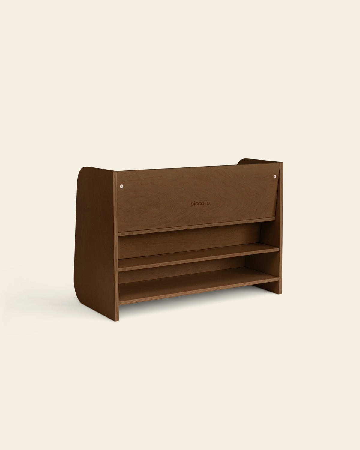 A view of the back of Piccalio’s wooden Montessori bookshelf in a walnut wood stain, showing the extra storage shelves.