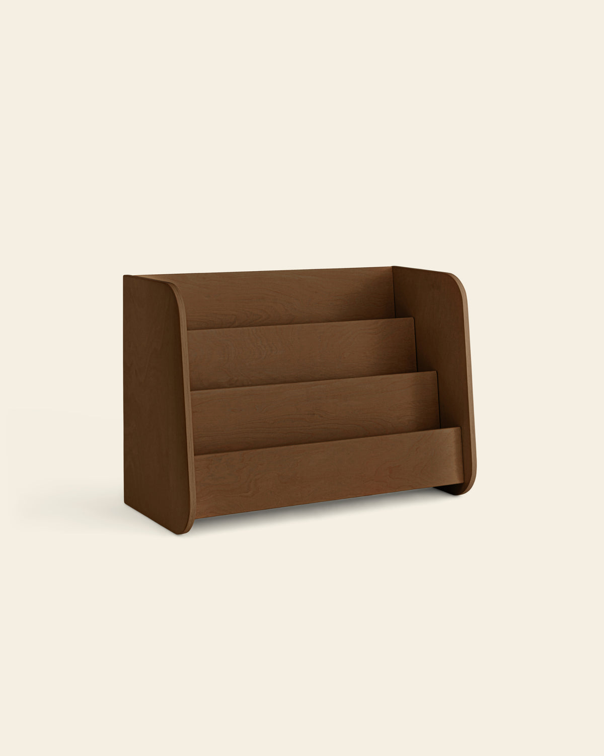 Piccalio front-facing wooden Montessori Bookshelf in a dark walnut wood stain with 3 tiers with extra storage in the back.