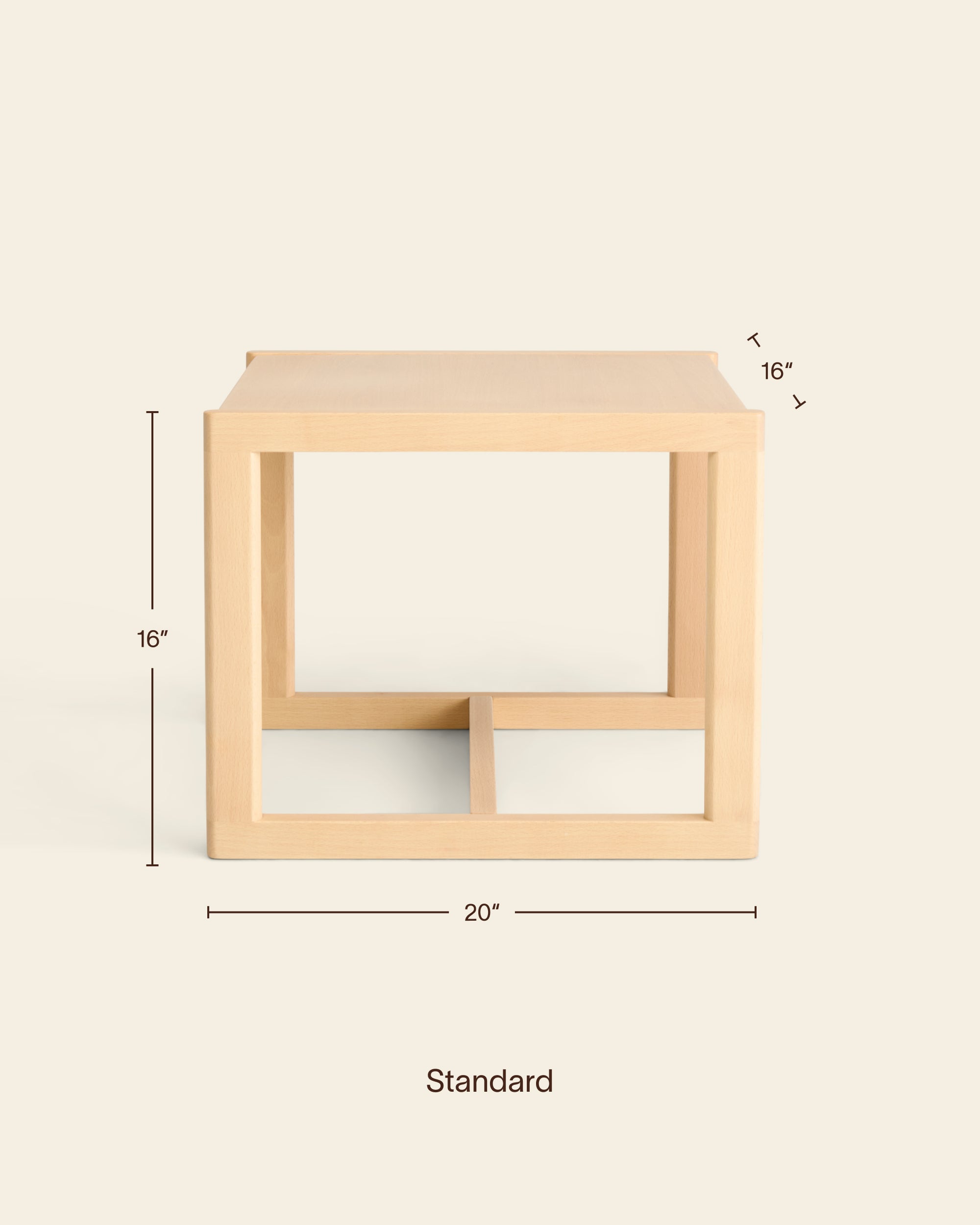 Product dimensions of the standard Piccalio Montessori children's table, a height of 16", a width of 20", and a depth of 16".
