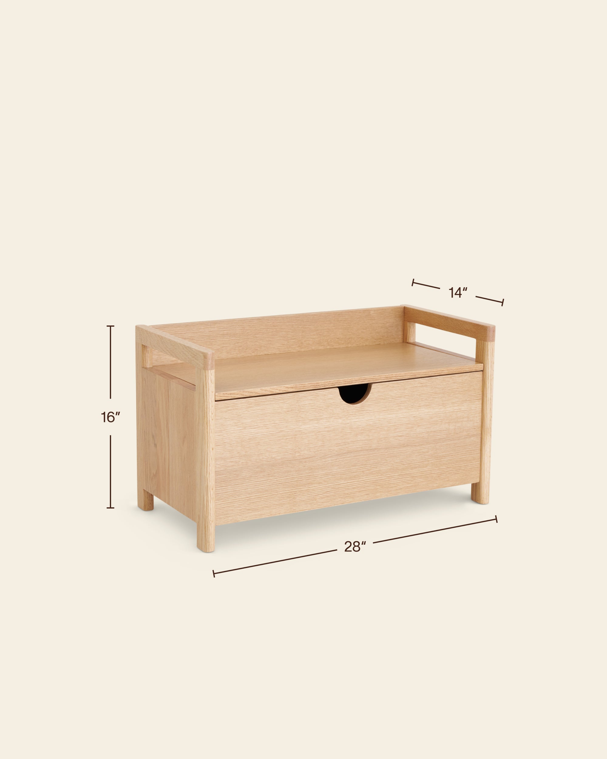 Dimensions and size specifications for the Piccalio oak toy chest and storage bench.