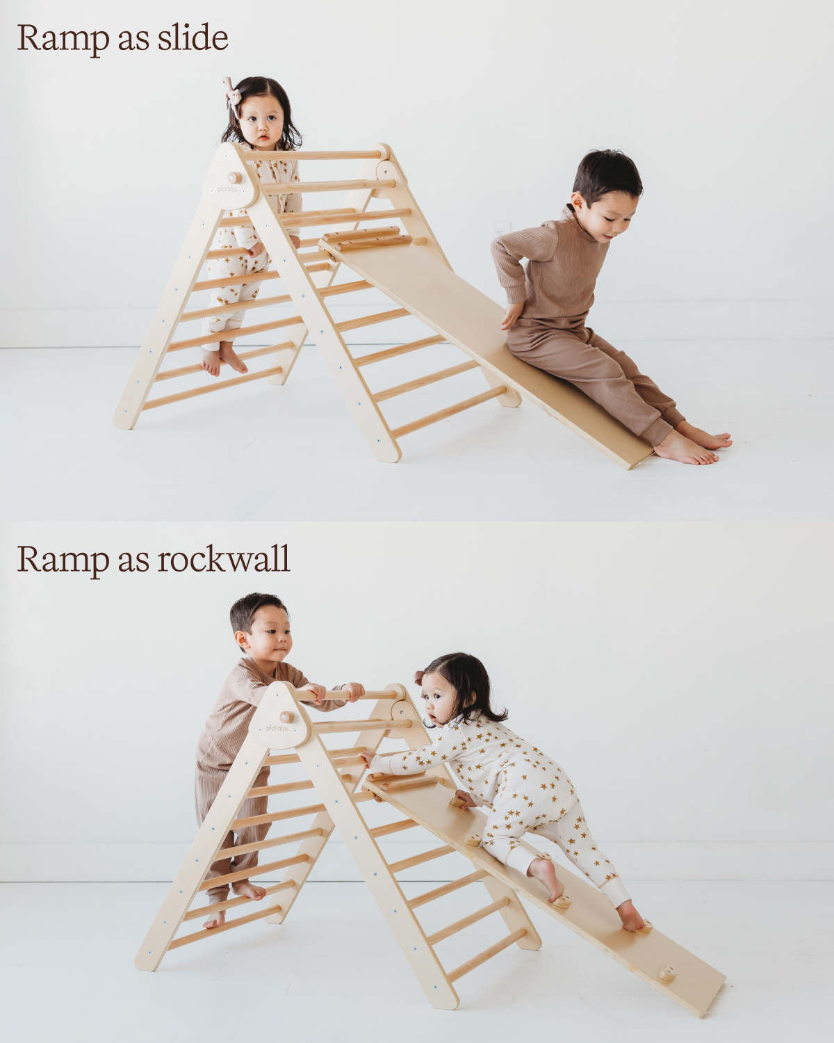 Piccalio Pikler triangle in natural wood with two toddlers sliding down the ramp and climbing the triangle.