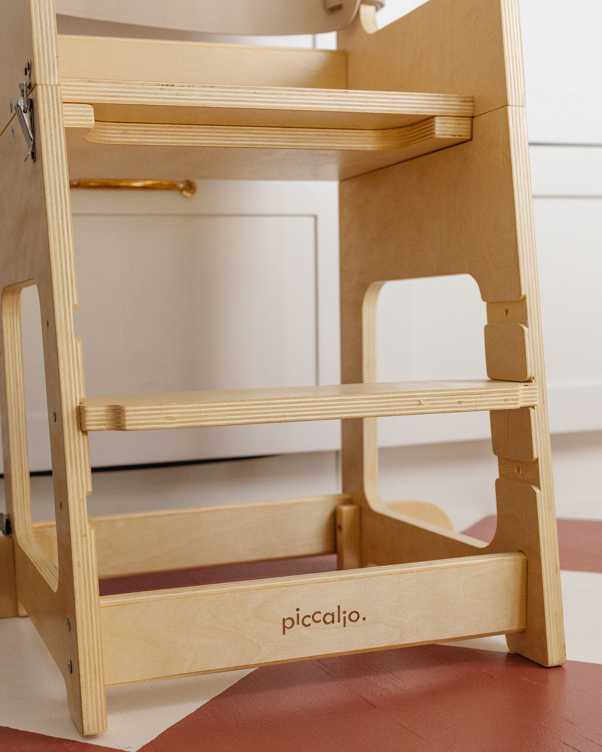 Piccalio wooden kitchen convertible toddler tower showing the sturdy natural birch wood.