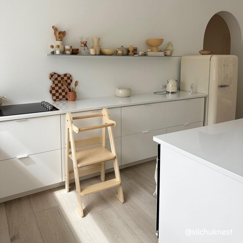 Foldable learning tower for toddlers in the kitchen
