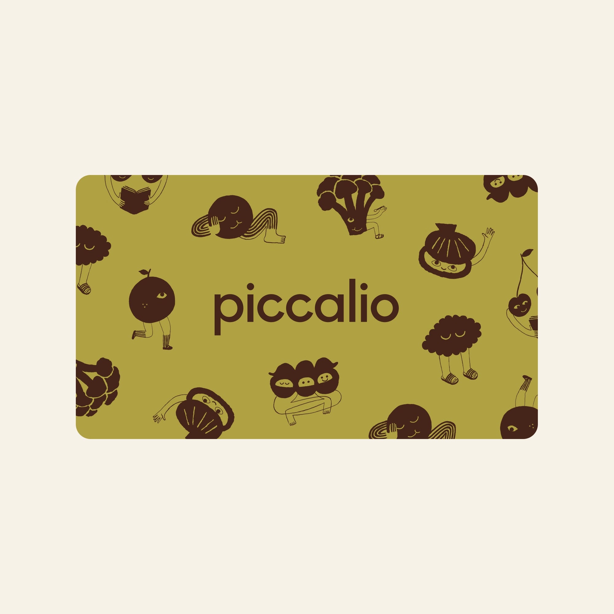 Gift card with 'piccalio' branding and cartoon illustrations on a light green background