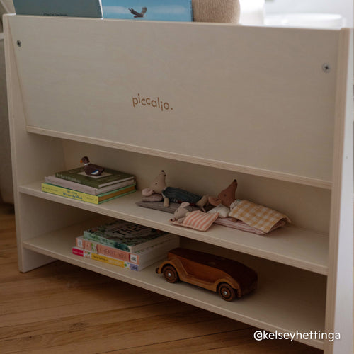 Photo of toy storage shelves on the back of the Piccalio Montessori bookshelf