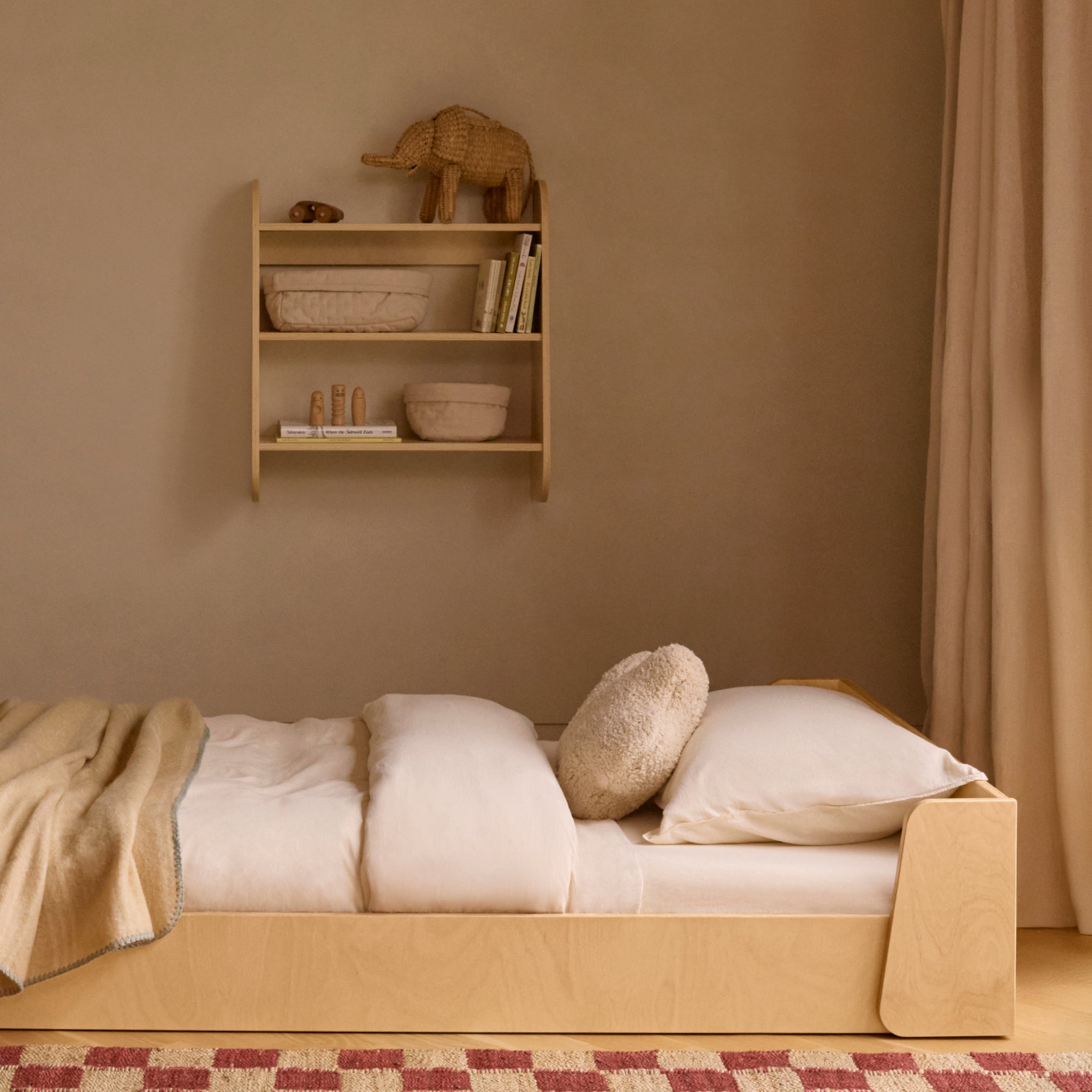 Wall shelf hanging above floor bed, wall mounted bookshelves, bedroom shelves, nursery wall shelves