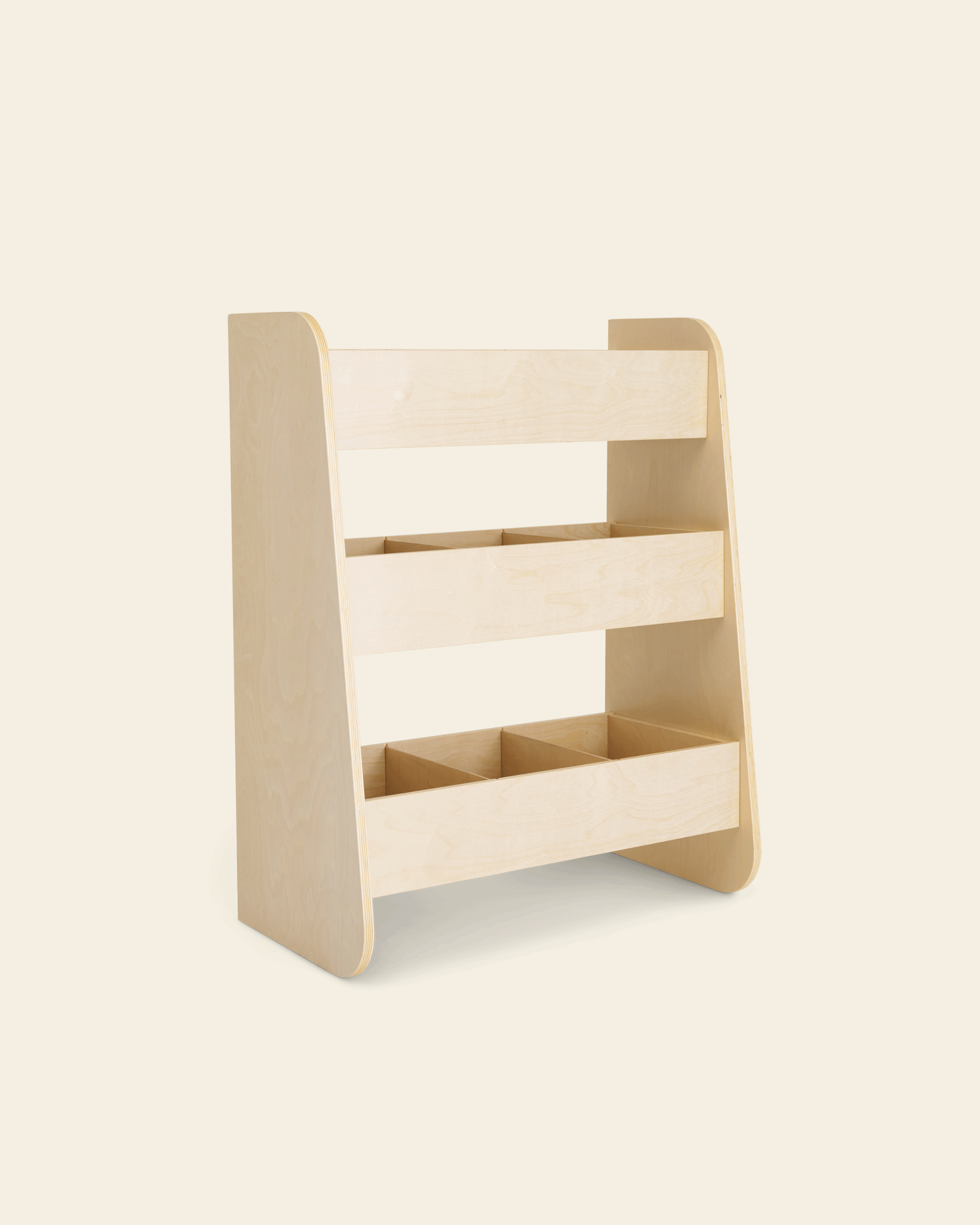 Minimalist Piccalio three-tier birchwood toy storage bin with nine cubbies for nursery organization.