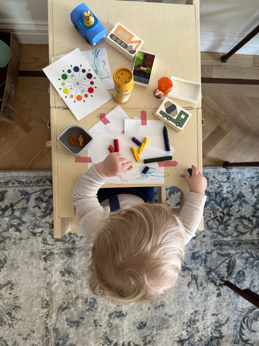Piccalio toddler kitchen tower that converts to table with toddler coloring 