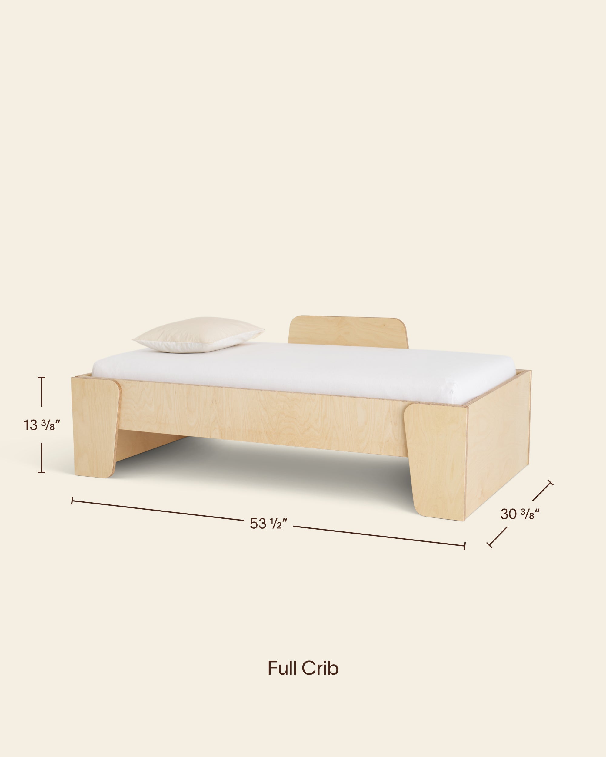 Piccalio Full Crib Size Montessori Bed with safety rail – measuring 53 1/2 in long by 30 3/8 in wide with a 13 3/8 in height.