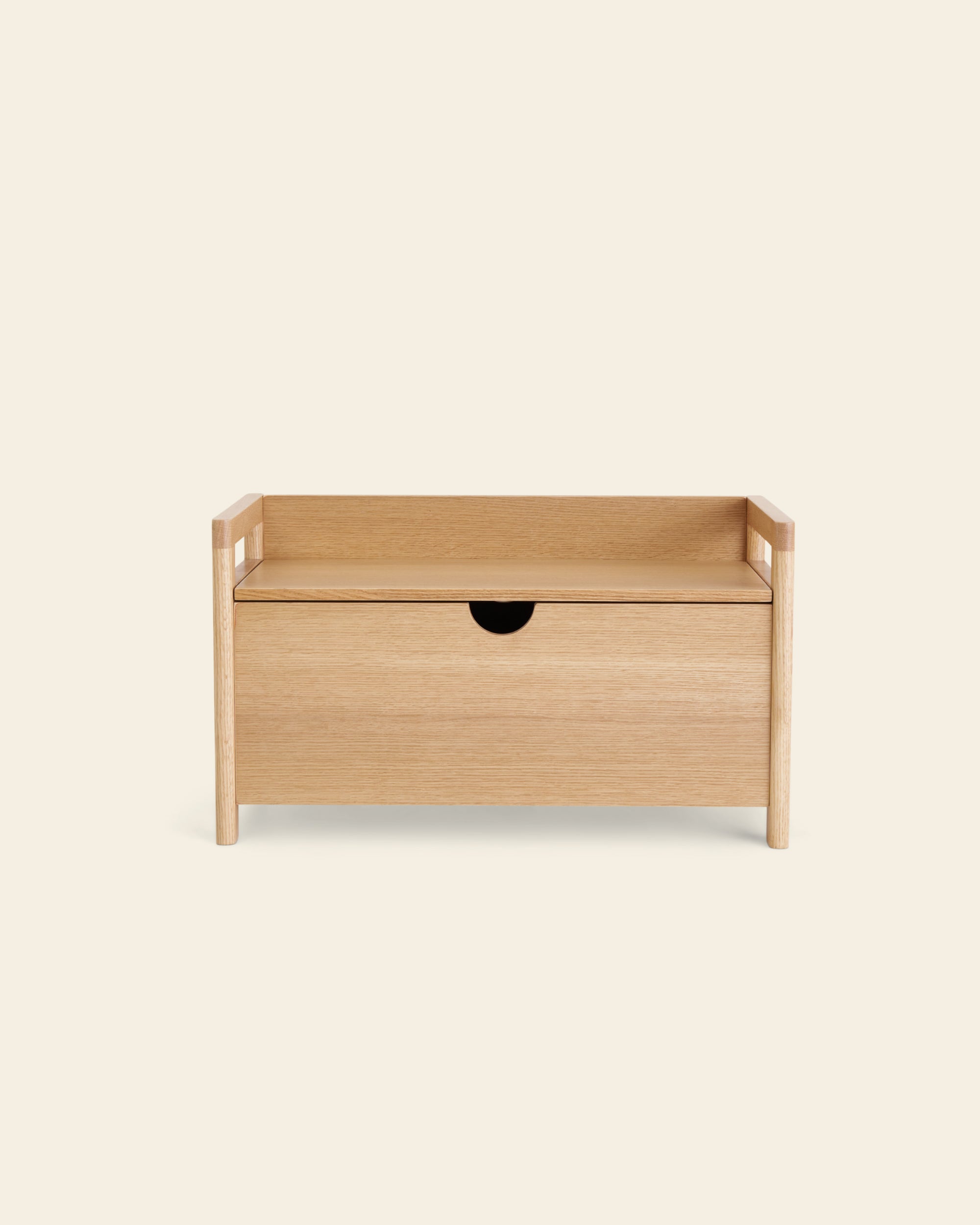 Piccalio oak toy chest with a minimalist design, perfect for organized playrooms.
