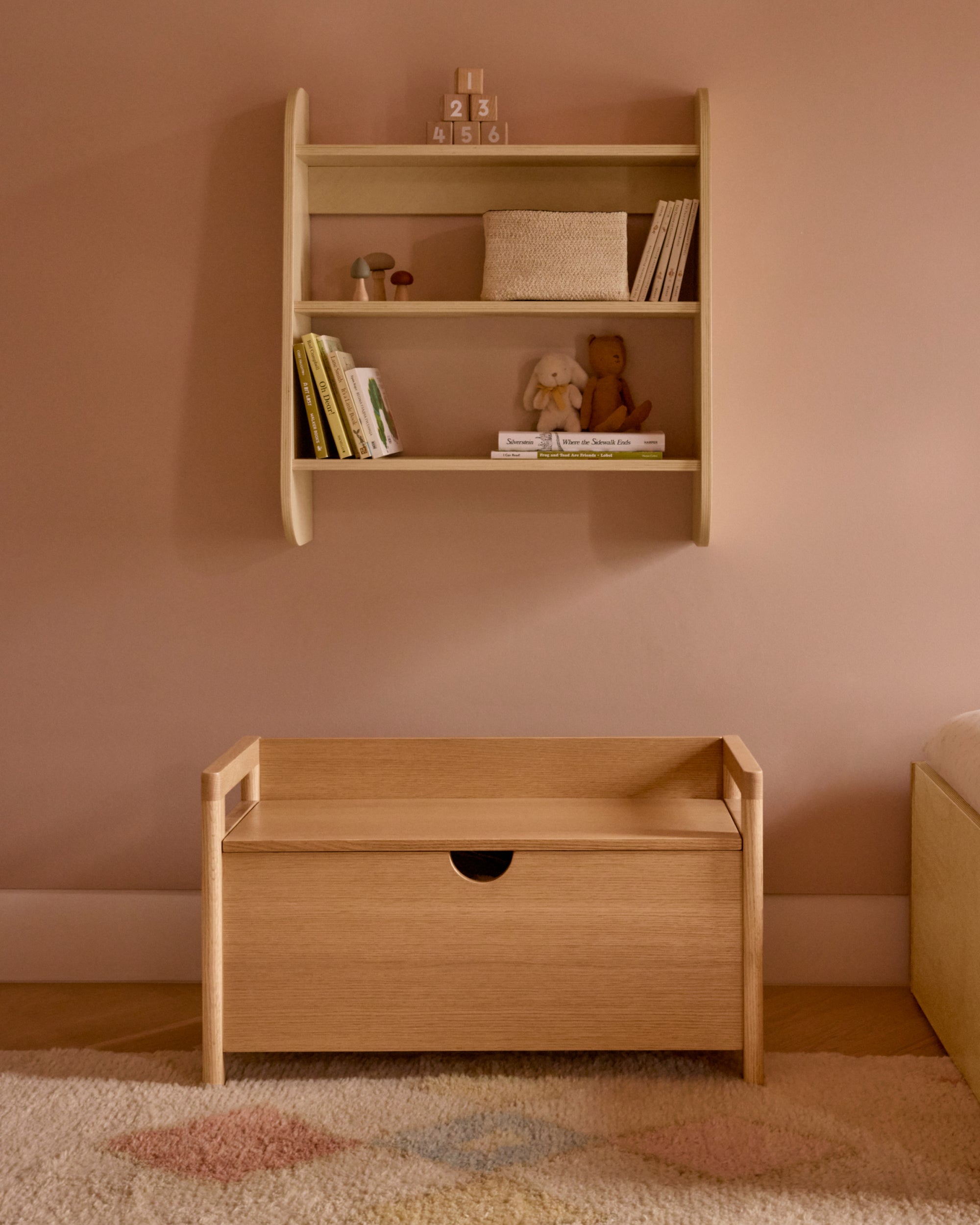 Piccalio wooden toy box in natural oak, a stylish toy chest for kids storage.