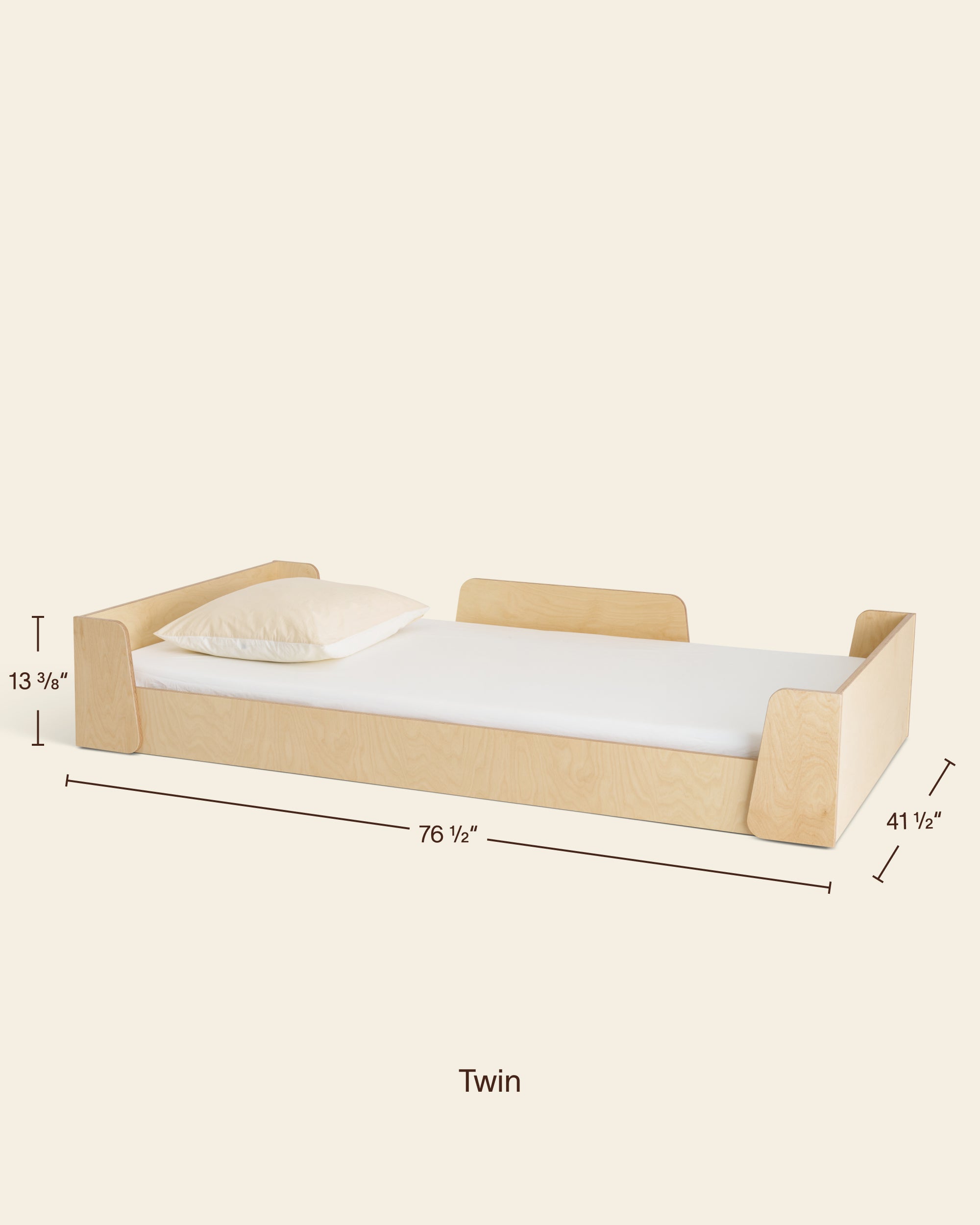 Dimensions of the Piccalio Twin Montessori Floor Bed with safety rail – 76.5 in long by 41.5 in wide.