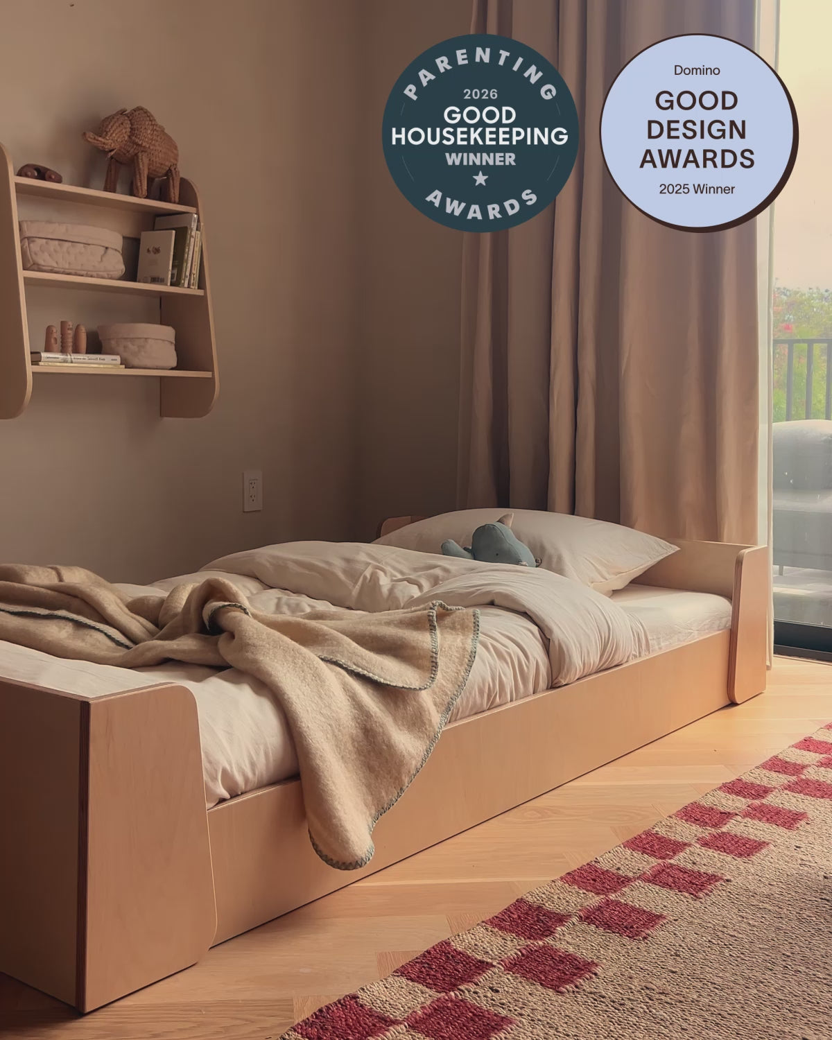 piccalio 2-in-1 award-winning toddler montessori floor bed transitioning between floor bed and raised bed and being jumped on by 4 year old.